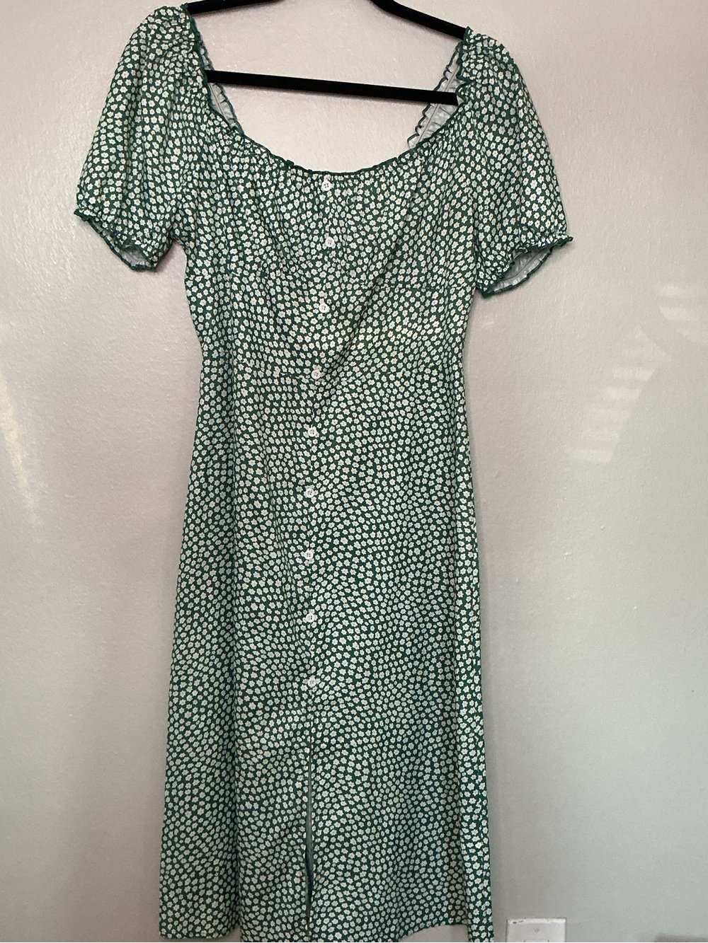 Cottagecore Green & White Ditsy Floral Button-Front Midi Dress Size M
